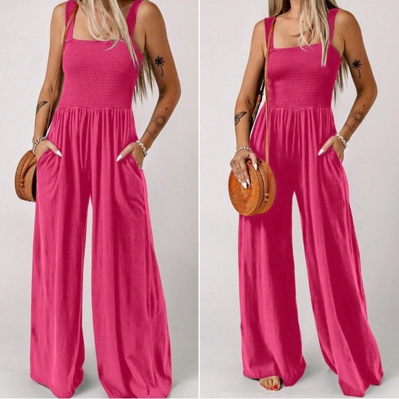 Boho smocked bodice wide leg wide straps cami jumpsuit
